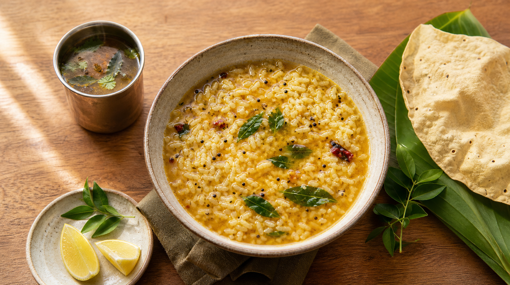 A warm bowl of rasam rice with curry leaves, papad, lemon wedges, and a steel cup of rasam