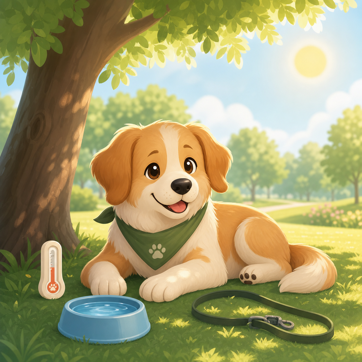 A happy fluffy dog resting in tree shade with a water bowl, leash, and warm sun nearby.